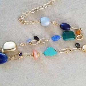 Chico's EUC Single Strand Matte Gold tone Multi colored Blue/Green Necklace 43"